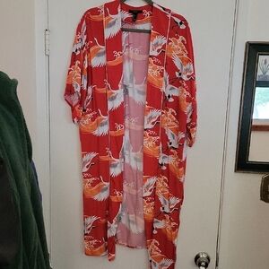 Forever 21 Red Kimono Cape with Crane Pattern